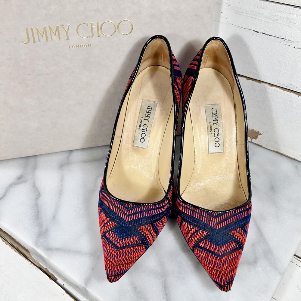 Jimmy Choo Red & Navy Geometric Pattern Woven Pointed Toe Heels - Picture 3 of 7